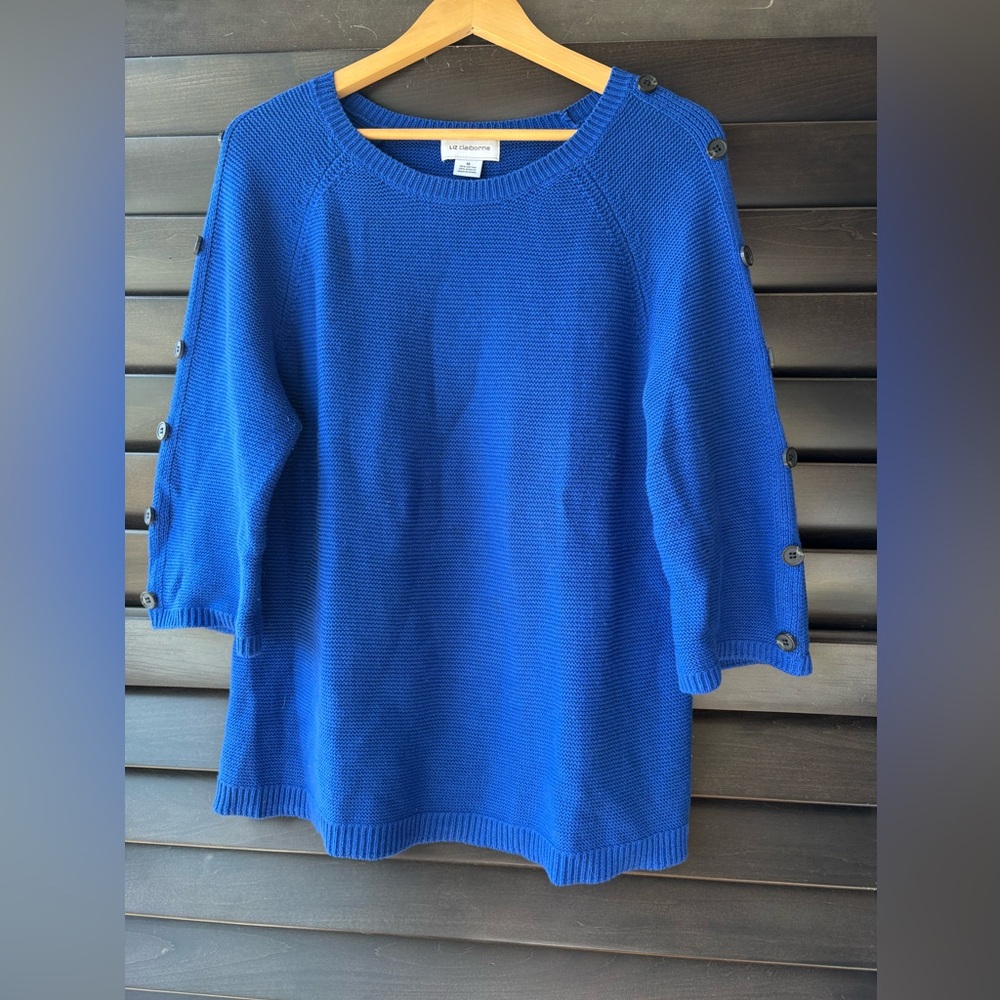Liz Claiborne Medium Blue Sweater 3/4 Button Sleeves Retro Classic Americana
